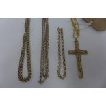 A 9ct yellow gold large cross pendant on 9ct gold chain, together with two 9ct gold belcher necklace