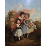 19th century Continental school, 'Girls Picking Flowers', oil on board, H.38cm W.30cm