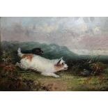 J.Langois (19th century British School) , Two Terriers chasing a Rabbit, oil on board, signed