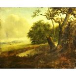 Attributed to Charlotte Nasmyth, a landscape scene with cows to the foreground, oil on canvas, H.