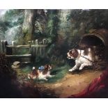 19th century British School, Chained dog and one spaniel, oil on canvas, H.43cm W.53cm