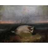 J.Langois (19th century British School), White Terrier on a Rock, oil on card, H.20cm W.25cm