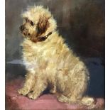 19th century school, Portrait of a white terrier, oil on card, signed, inscribed to verso H.17cm W.