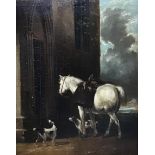 19th century British School, Horse and Two Spaniels, oil on board, H.30.5cm W.25cm