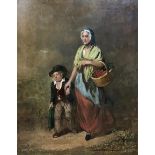 19th century Continental School, Mother holding son's hand, oil on canvas, H.38cm W.30cm