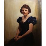 20th century British School, portrait of a lady in blue, oil on canvas, signed 'Wilson', H.90cm W.