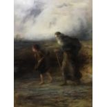 Hugh Cameron (Scottish 1835-1918), a figural scene of a bearded man and a boy carrying a harp, oil