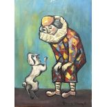 Anna Margit (Hungarian, 1913-1991), Harlequin with dog, oil on cardboard, signed lower right, H.31cm