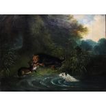 19th century British School, Terriers Hunting an Otter, oil on canvas, H.18cm W.23cm