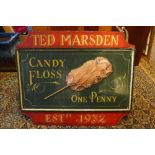 An early/mid 20th century shop sign for Ted Marsden Candy Floss, 77 x 92cm