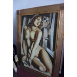 An olegraph on canvas depicting an Art Deco style nude lady in chains