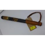 A Victorian truncheon (possibly Special Constable), painted with crown and VR, with leather hand