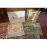 A set of four various framed tapestries and embroideries, to include a Continental example depicting