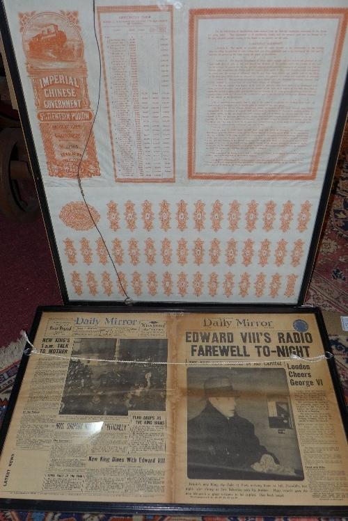 A framed Imperial Chinese Government chart of Railway Bonds, along with framed Daily Mirror covers