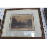 19th century etching of a riverscape, indistinctly signed in pencil to lower right margin and