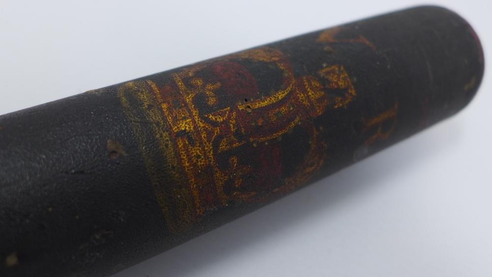 A Victorian ebonised police truncheon, with red painted handle, bears crown and V.R., H.47cm - Image 2 of 2