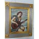 An oil on panel depicting semi nude female playing guitar