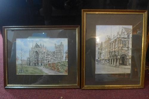 Glyn Martin (British, 20th Century), a set of two framed coloured prints of Exeter scenes, signed