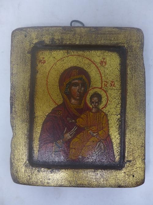 A Russian icon, The Mother of God of Kazan, tempera on wooden panel, gilt painted, 18 x 15cm