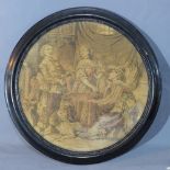 A Victorian circular tapestry, tavern scene, in ebonized frame, Diameter 54cm