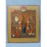 A Russian icon, 'The Mother of God, joy to all who grieve', tempera on wood panel, 34.5 x 29.5cm