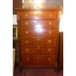 A 19th century French walnut, mahogany and ebony inlaid secretaire chest of drawers, having three