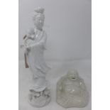 Two early 20th century Chinese blanc de chin figures of Guan Yin, H.31cm, and Buddha H.10cm, bearing