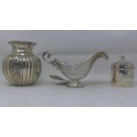 An Italian silver vase and sauce boat stamped 900, together with a sterling silver pot and cover,