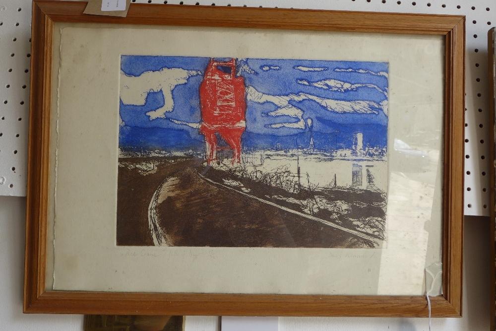 David Kennard (20th century British School), 'Red Crane, Isle of Dogs', etching with aquatint,