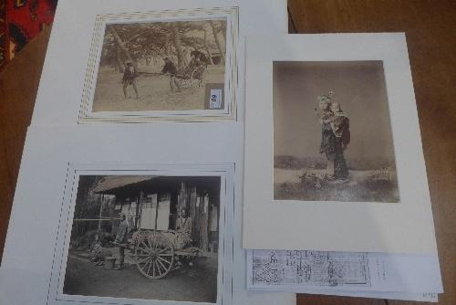 Three 19th century Japanese painted photographs titled 'Jinrikishia', 'Freight cart' and one