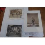 Three 19th century Japanese painted photographs titled 'Jinrikishia', 'Freight cart' and one