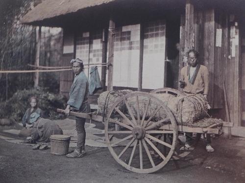 Three 19th century Japanese painted photographs titled 'Jinrikishia', 'Freight cart' and one - Bild 2 aus 4