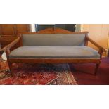 A 19th century Continental sofa, with grey corduroy upholstery within a fruitwood open frame, H.98cm