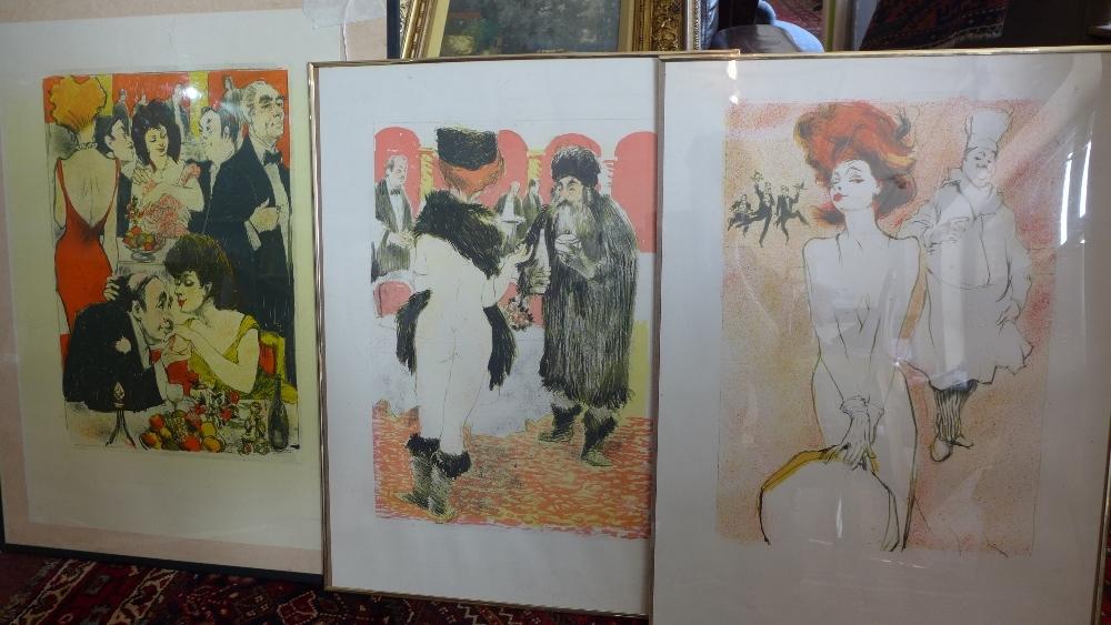 WITHDRAWN- Three French colored lithographs of social scenes and a nude study