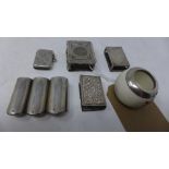 A collection of silver, to include a Russian silver three cylinder coin holder, hallmarked, a silver