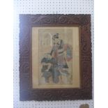 An early 20th Century Japanese coloured print of two figures, in a carved frame decorated with
