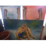 A set of three large figurative oil on canvases, largest H.120cm W.170cm (3)