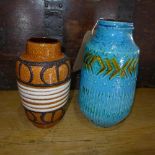 Two West German pottery vases; one brown glazed, H.22cm; the other turquoise glazed, H.26cm (2)