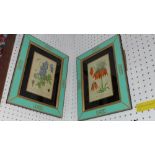 A pair of 19th Century horticultural coloured prints in turquoise painted frames, H.28cm W.20.5cm (