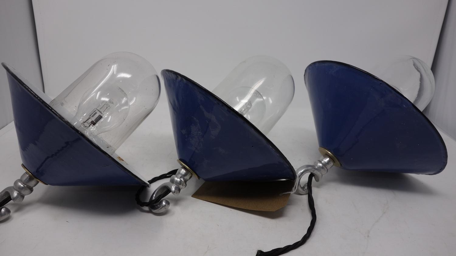 A set of three Lassco blue and white enamelled ceiling light pendants