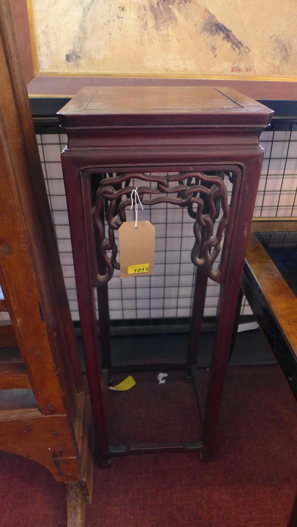 A late 19th century Chinese hardwood jardiniere stand, with padouk wood top, carved fret work, H. - Image 2 of 3