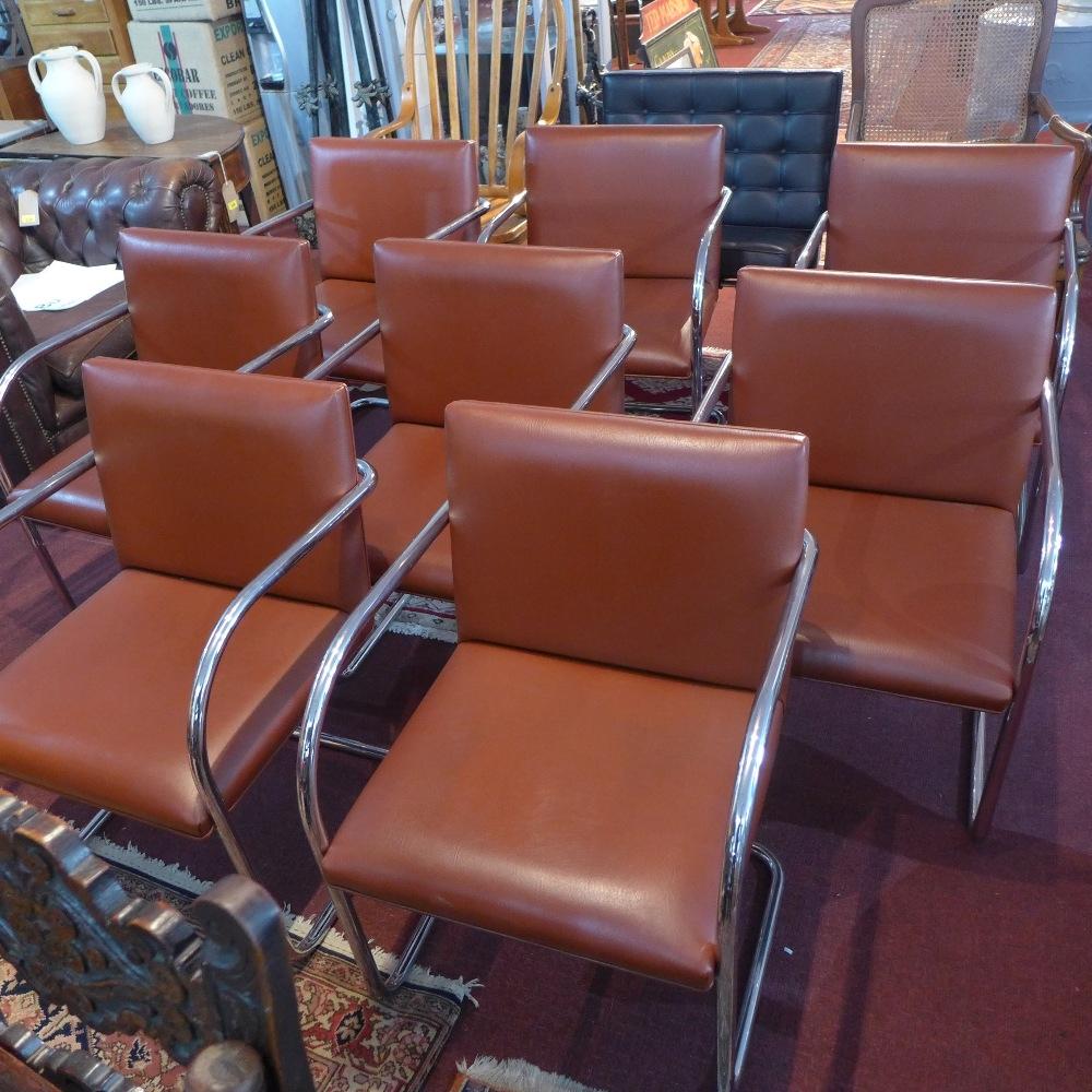 A set of eight Mies Van Der Rohe chairs for Knoll Gordon International, brown leather