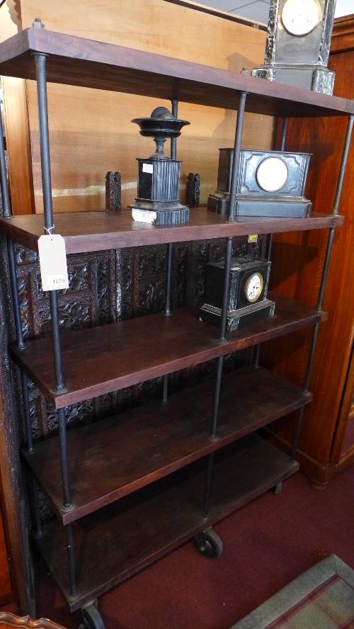 A large industrial display unit/bookcase, with five solid teak planks having iron rod supports, - Image 2 of 2