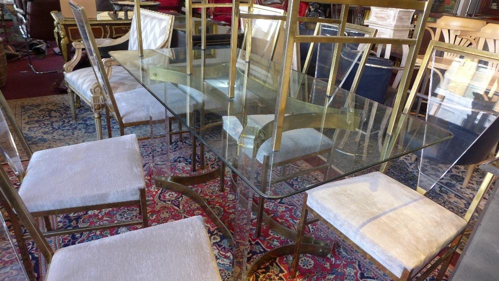 A 1970's Roche Bobois gilt metal and perspex dining table with glass top, together with eight - Image 3 of 5