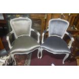 A pair of Louis XV style grey painted fauteuils, recently upholstered, raised on cabriole legs