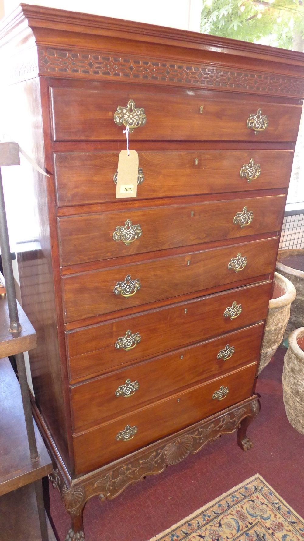 A Georgian mahogany tall boy, with seven drawers, raised on carved base having paw feet, H.166 W. - Image 3 of 4