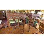 A pair of Chippendale style mahogany side tables, with carved and pierced gallery top, candle slide,