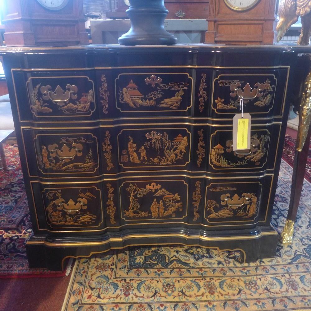 A Drexel Heritage black lacquered chest of three graduating drawers, in the Chinoserie taste, with - Image 2 of 2