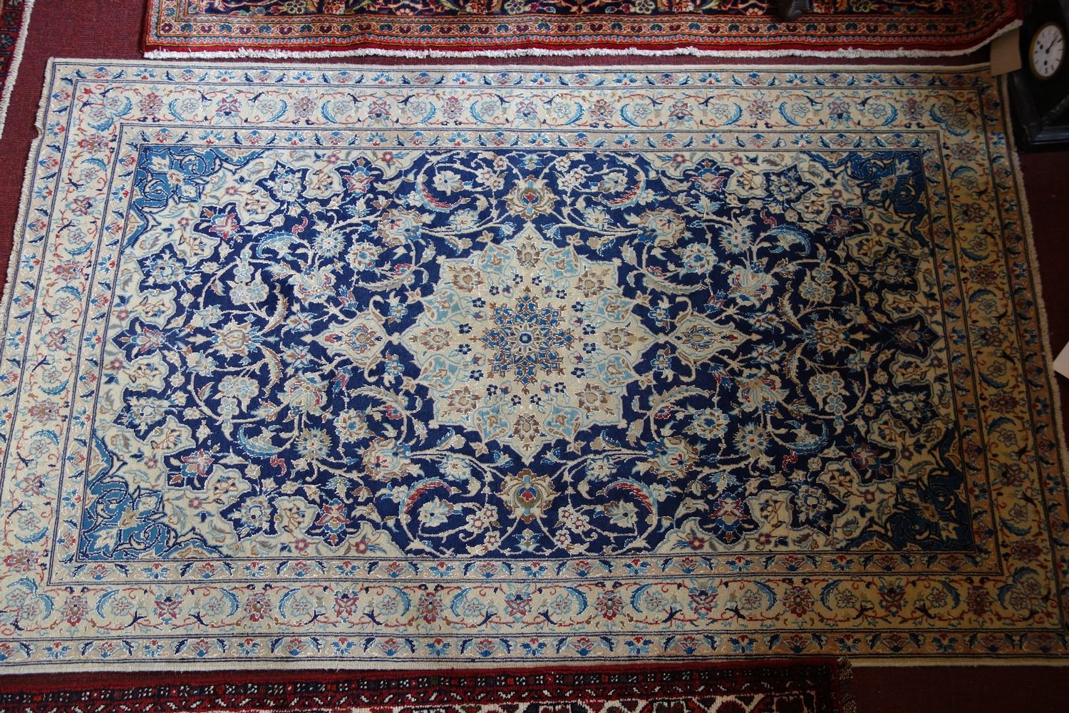 An extremely fine Central Persian part silk Nain rug, 212cm X 127cm. Central pendent medallion