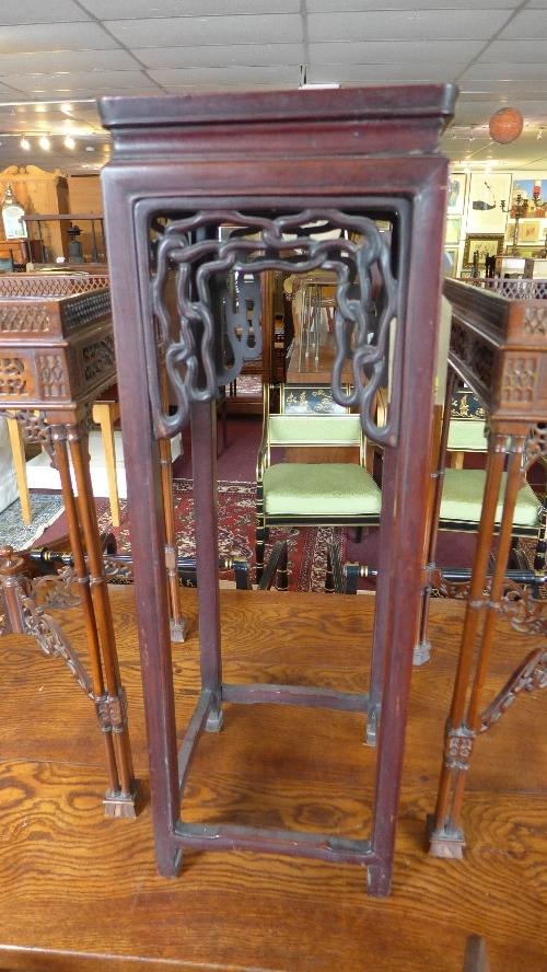 A late 19th century Chinese hardwood jardiniere stand, with padouk wood top, carved fret work, H. - Image 3 of 3